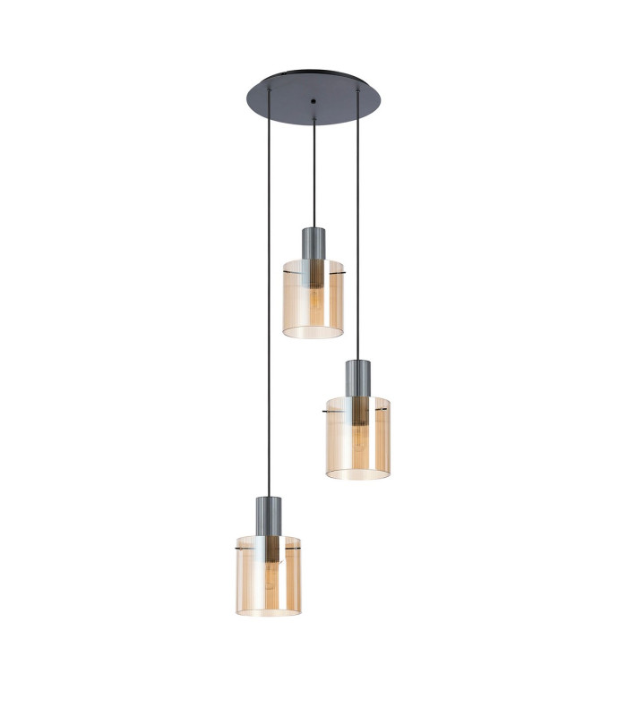 Hudson 49.5cm Round Pendant 3 Light Adjustable E27 Dark Grey/Amber Narrow Line Glass-4