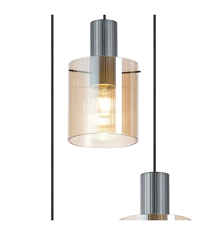 Hudson 49.5cm Round Pendant 3 Light Adjustable E27 Dark Grey/Amber Narrow Line Glass-6