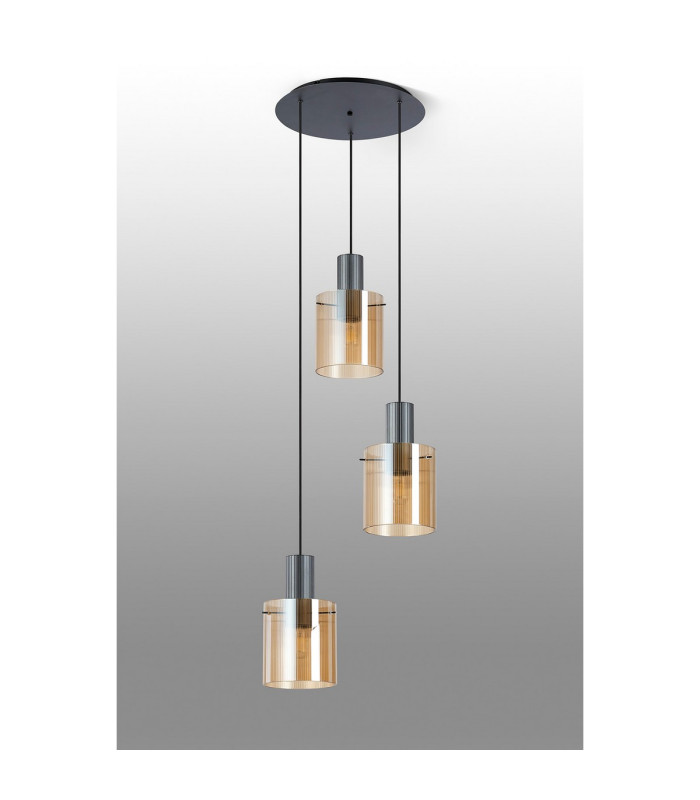 Hudson 49.5cm Round Pendant 3 Light Adjustable E27 Dark Grey/Amber Narrow Line Glass-8