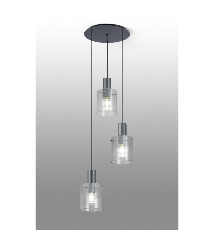 Hudson 49.5cm Round Pendant 3 Light Adjustable E27 Dark Grey/Clear Narrow Line Glass-3