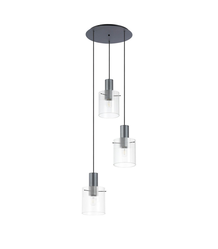Hudson 49.5cm Round Pendant 3 Light Adjustable E27 Dark Grey/Clear Narrow Line Glass-4