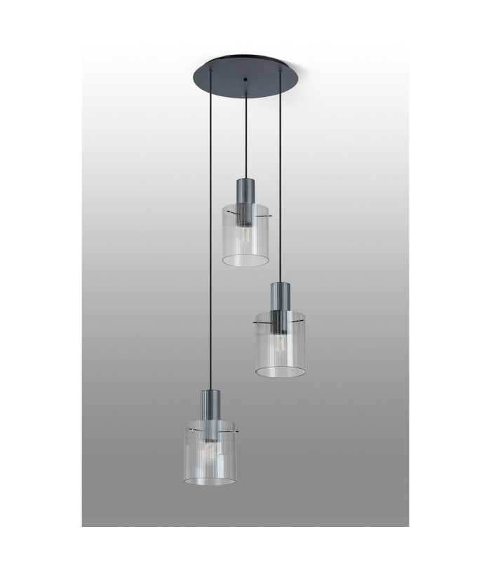 Hudson 49.5cm Round Pendant 3 Light Adjustable E27 Dark Grey/Clear Narrow Line Glass-8