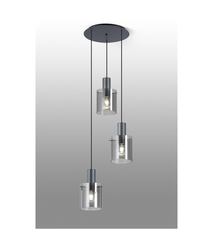 Hudson 49.5cm Round Pendant 3 Light Adjustable E27 Dark Grey/Smoke Narrow Line Glass-3