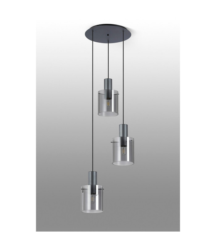 Hudson 49.5cm Round Pendant 3 Light Adjustable E27 Dark Grey/Smoke Narrow Line Glass-8