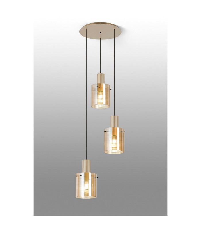 Hudson 49.5cm Round Pendant 3 Light Adjustable E27 Light Gold/Amber Narrow Line Glass-3