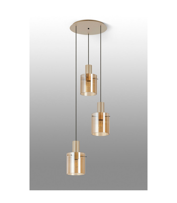 Hudson 49.5cm Round Pendant 3 Light Adjustable E27 Light Gold/Amber Narrow Line Glass-8