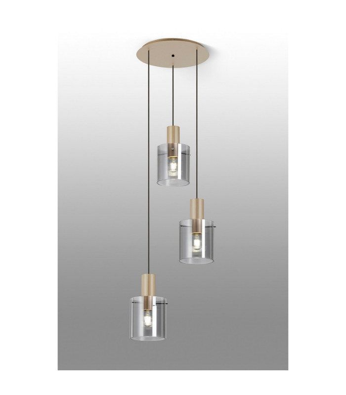 Hudson 49.5cm Round Pendant 3 Light Adjustable E27 Light Gold/Smoke Narrow Line Glass-3