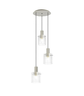 Hudson 49.5cm Round Pendant 3 Light Adjustable E27 Beige Stone/Clear Wide Line Glass-1
