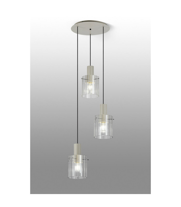 Hudson 49.5cm Round Pendant 3 Light Adjustable E27 Beige Stone/Clear Wide Line Glass-3