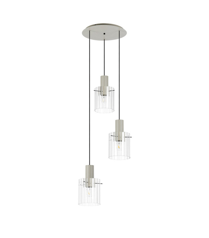 Hudson 49.5cm Round Pendant 3 Light Adjustable E27 Beige Stone/Clear Wide Line Glass-4