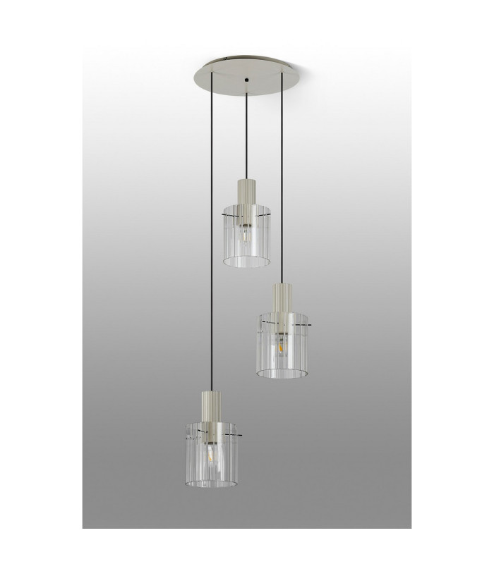 Hudson 49.5cm Round Pendant 3 Light Adjustable E27 Beige Stone/Clear Wide Line Glass-8