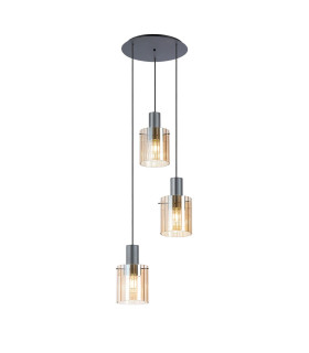 Hudson 49.5cm Round Pendant 3 Light Adjustable E27 Dark Grey/Amber Wide Line Glass-1