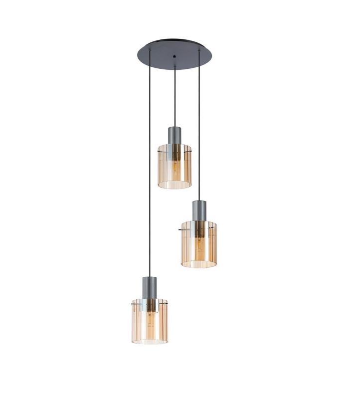 Hudson 49.5cm Round Pendant 3 Light Adjustable E27 Dark Grey/Amber Wide Line Glass-4