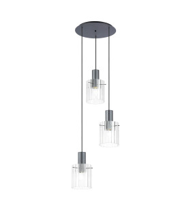 Hudson 49.5cm Round Pendant 3 Light Adjustable E27 Dark Grey/Clear Wide Line Glass-1
