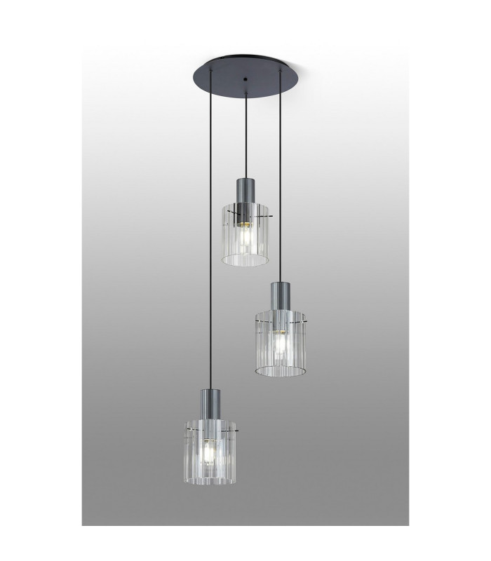 Hudson 49.5cm Round Pendant 3 Light Adjustable E27 Dark Grey/Clear Wide Line Glass-3