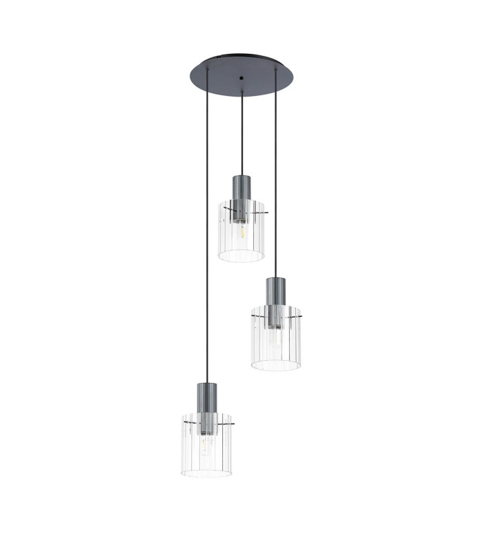 Hudson 49.5cm Round Pendant 3 Light Adjustable E27 Dark Grey/Clear Wide Line Glass-4