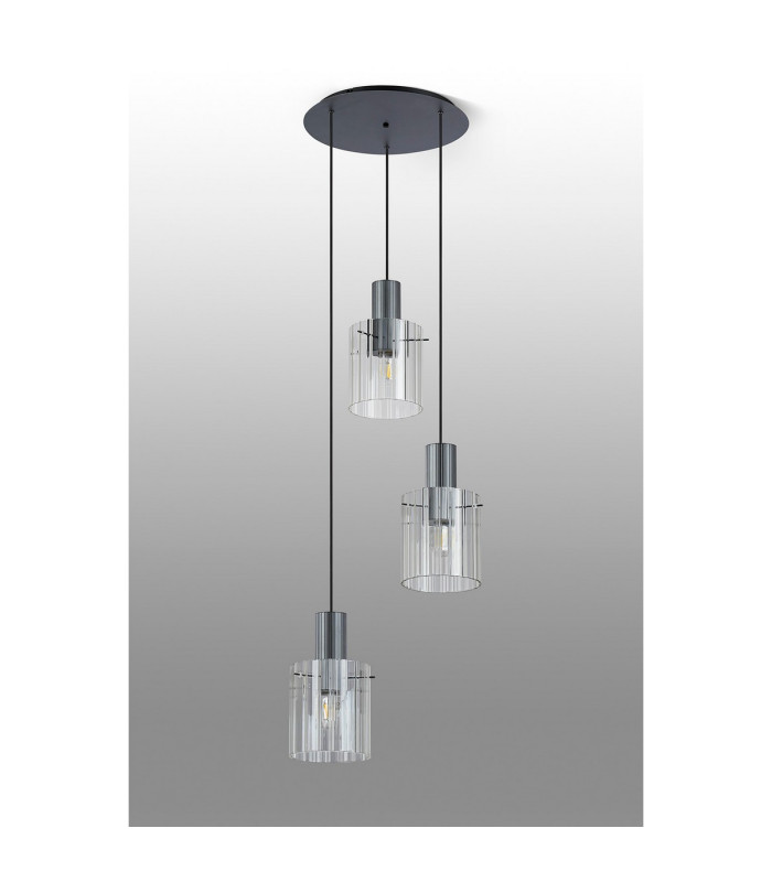 Hudson 49.5cm Round Pendant 3 Light Adjustable E27 Dark Grey/Clear Wide Line Glass-8