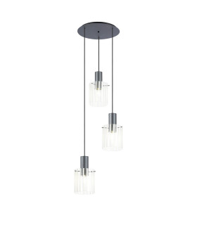 Hudson 49.5cm Round Pendant 3 Light Adjustable E27 Dark Grey/Frosted/Clear Wide Line Glass-1