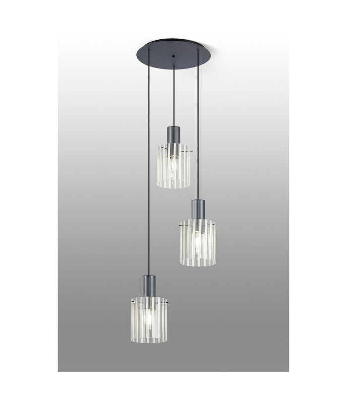 Hudson 49.5cm Round Pendant 3 Light Adjustable E27 Dark Grey/Frosted/Clear Wide Line Glass-3