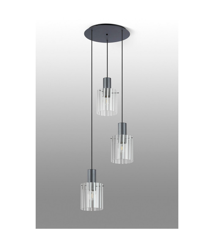 Hudson 49.5cm Round Pendant 3 Light Adjustable E27 Dark Grey/Frosted/Clear Wide Line Glass-8