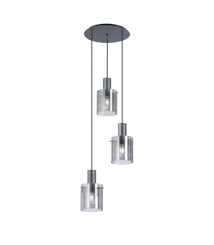 Hudson 49.5cm Round Pendant 3 Light Adjustable E27 Dark Grey/Smoke Wide Line Glass-1