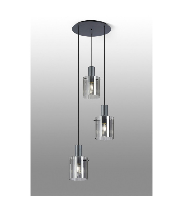 Hudson 49.5cm Round Pendant 3 Light Adjustable E27 Dark Grey/Smoke Wide Line Glass-3