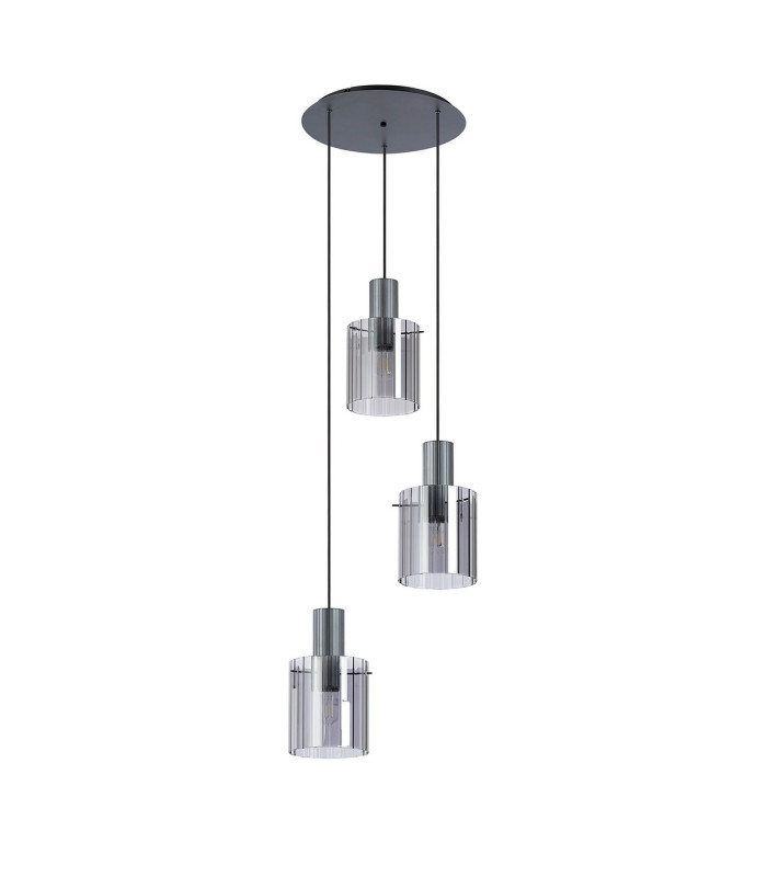Hudson 49.5cm Round Pendant 3 Light Adjustable E27 Dark Grey/Smoke Wide Line Glass-4