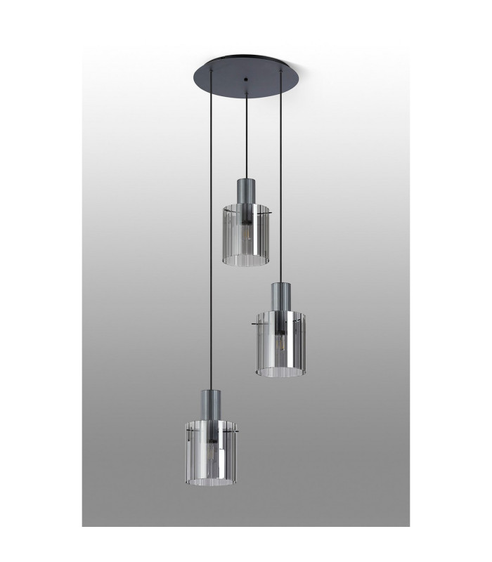 Hudson 49.5cm Round Pendant 3 Light Adjustable E27 Dark Grey/Smoke Wide Line Glass-8