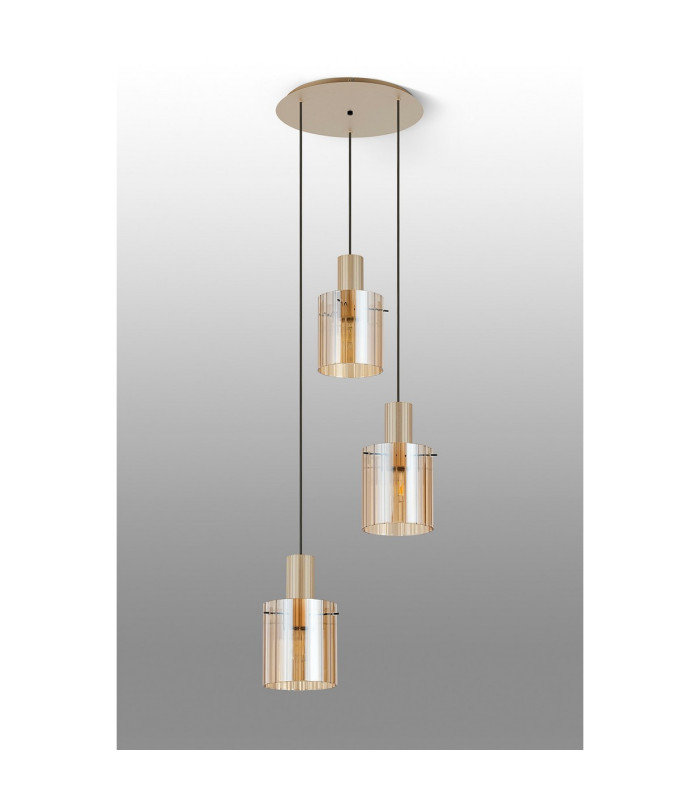 Hudson 49.5cm Round Pendant 3 Light Adjustable E27 Light Gold/Amber Wide Line Glass-8