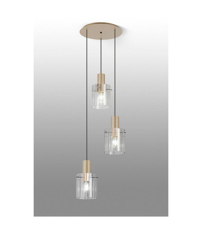 Hudson 49.5cm Round Pendant 3 Light Adjustable E27 Light Gold/Clear Wide Line Glass-3