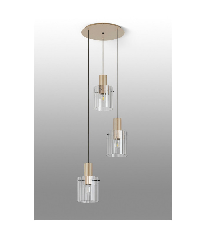 Hudson 49.5cm Round Pendant 3 Light Adjustable E27 Light Gold/Clear Wide Line Glass-8