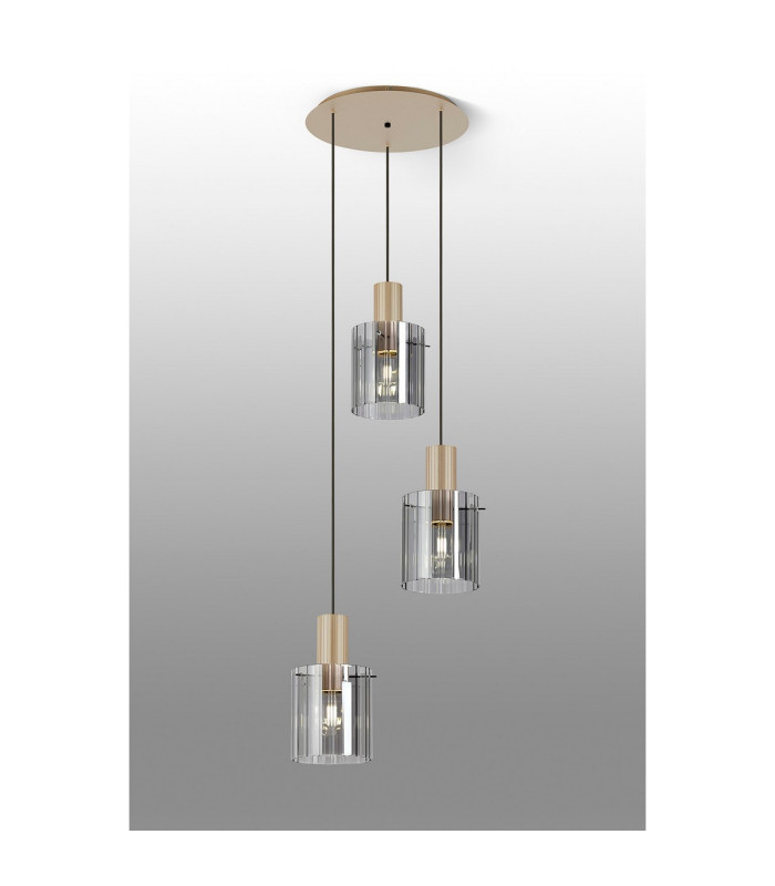 Hudson 49.5cm Round Pendant 3 Light Adjustable E27 Light Gold/Smoke Wide Line Glass-3