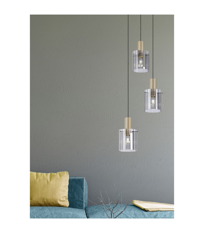Hudson 49.5cm Round Pendant 3 Light Adjustable E27 Light Gold/Smoke Wide Line Glass-4