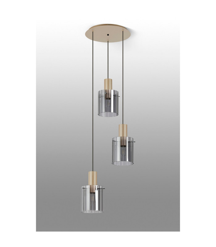 Hudson 49.5cm Round Pendant 3 Light Adjustable E27 Light Gold/Smoke Wide Line Glass-9