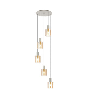 Hudson 66cm Round Pendant 5 Light Adjustable E27 Beige Stone/Amber Narrow Line Glass-1