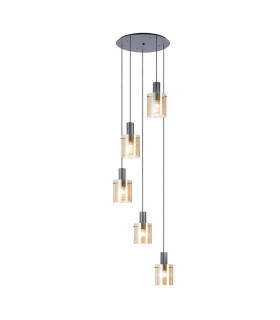 Hudson 66cm Round Pendant 5 Light Adjustable E27 Dark Grey/Amber Narrow Line Glass-1