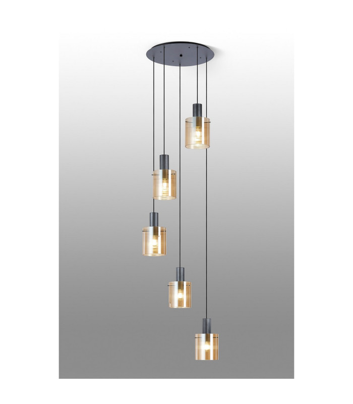 Hudson 66cm Round Pendant 5 Light Adjustable E27 Dark Grey/Amber Narrow Line Glass-3