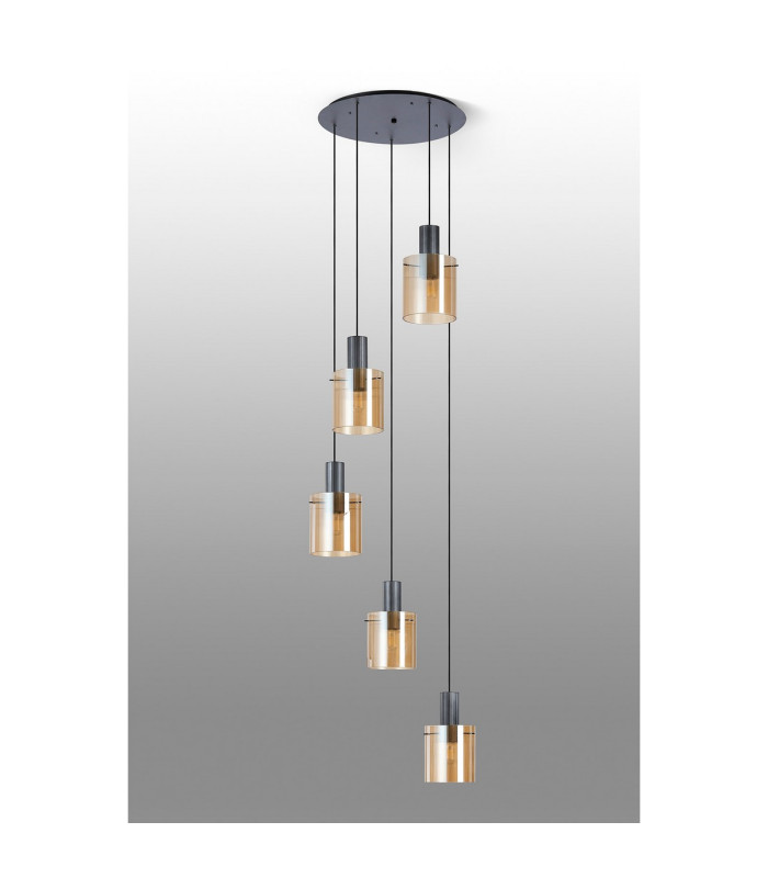 Hudson 66cm Round Pendant 5 Light Adjustable E27 Dark Grey/Amber Narrow Line Glass-8