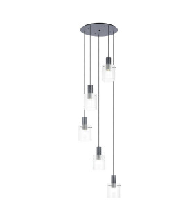 Hudson 66cm Round Pendant 5 Light Adjustable E27 Dark Grey/Clear Narrow Line Glass-1