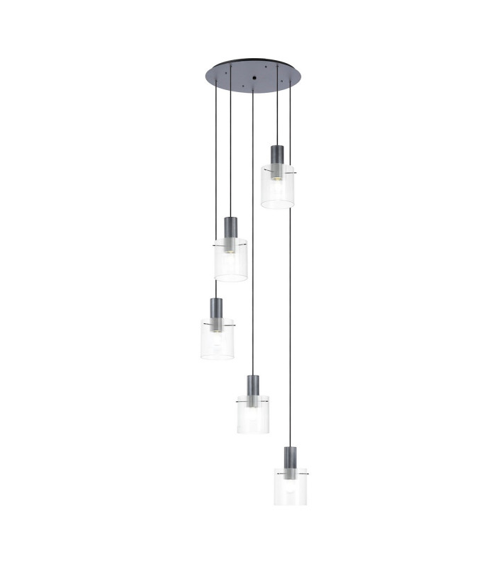 Hudson 66cm Round Pendant 5 Light Adjustable E27 Dark Grey/Clear Narrow Line Glass-1