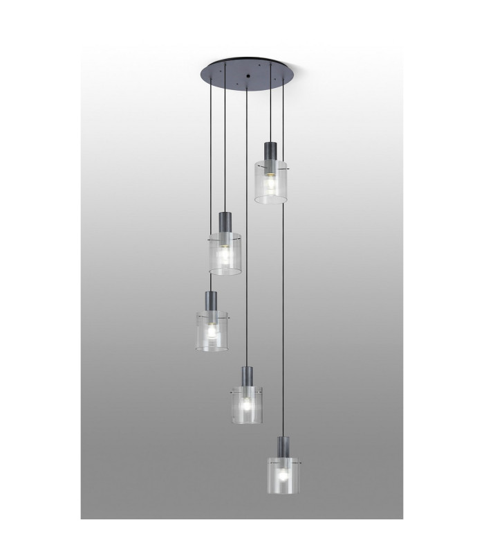Hudson 66cm Round Pendant 5 Light Adjustable E27 Dark Grey/Clear Narrow Line Glass-3