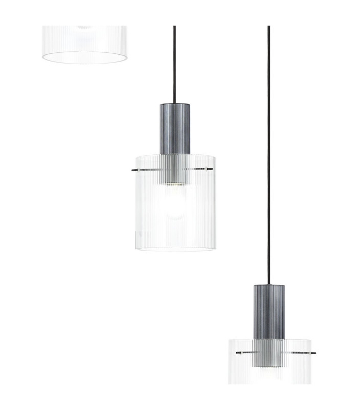 Hudson 66cm Round Pendant 5 Light Adjustable E27 Dark Grey/Clear Narrow Line Glass-7