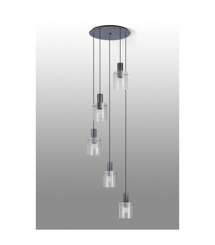 Hudson 66cm Round Pendant 5 Light Adjustable E27 Dark Grey/Clear Narrow Line Glass-8