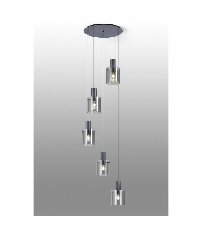 Hudson 66cm Round Pendant 5 Light Adjustable E27 Dark Grey/Smoke Narrow Line Glass-3
