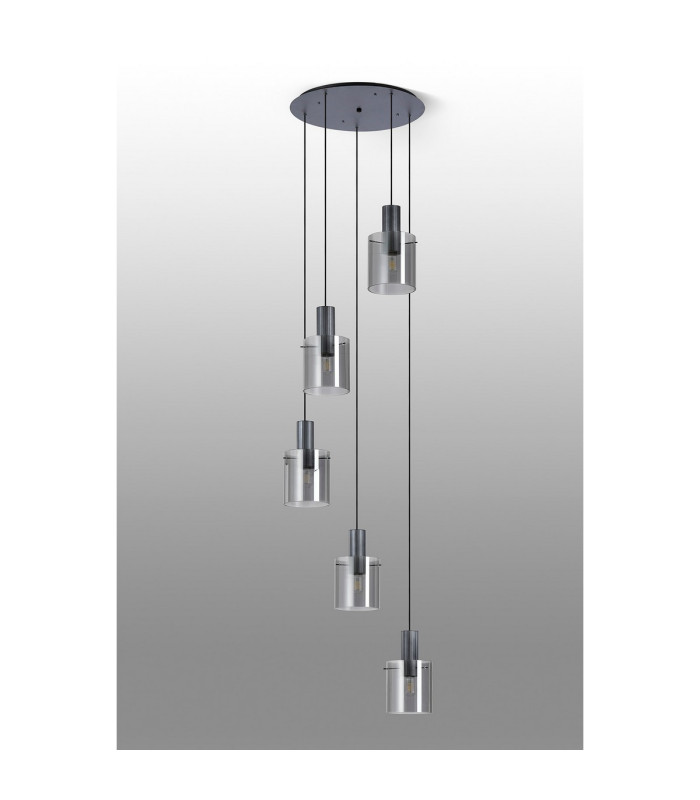 Hudson 66cm Round Pendant 5 Light Adjustable E27 Dark Grey/Smoke Narrow Line Glass-8