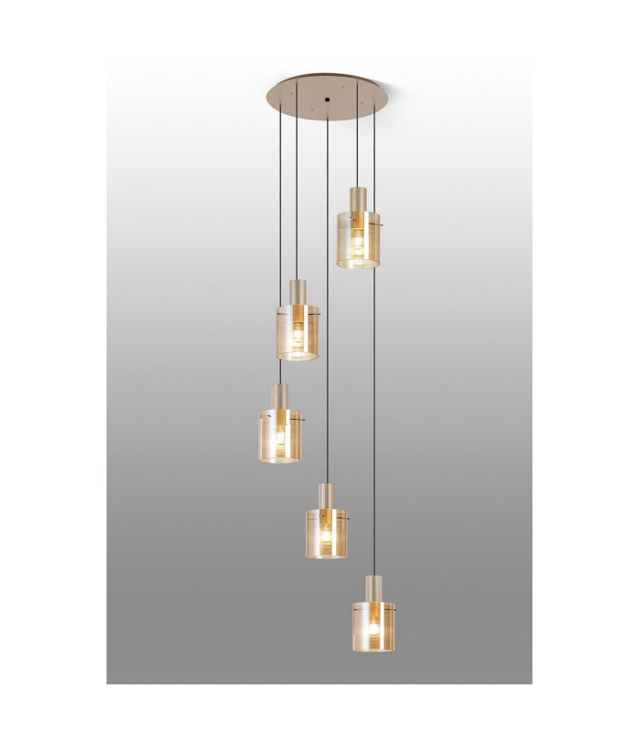 Hudson 66cm Round Pendant 5 Light Adjustable E27 Light Gold/Amber Narrow Line Glass-3