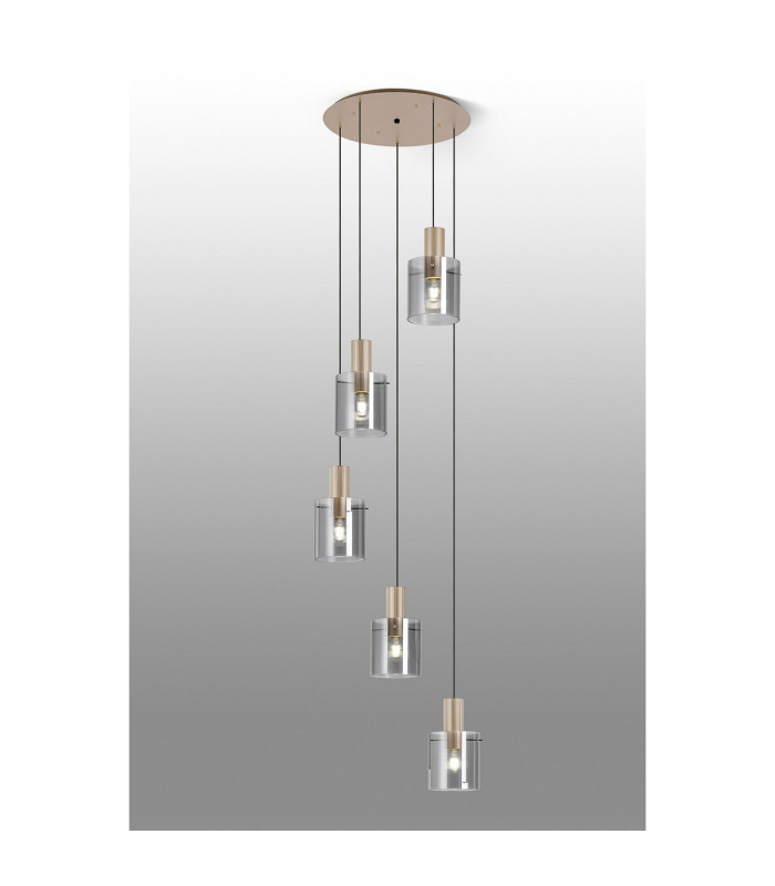 Hudson 66cm Round Pendant 5 Light Adjustable E27 Light Gold/Smoke Narrow Line Glass-3