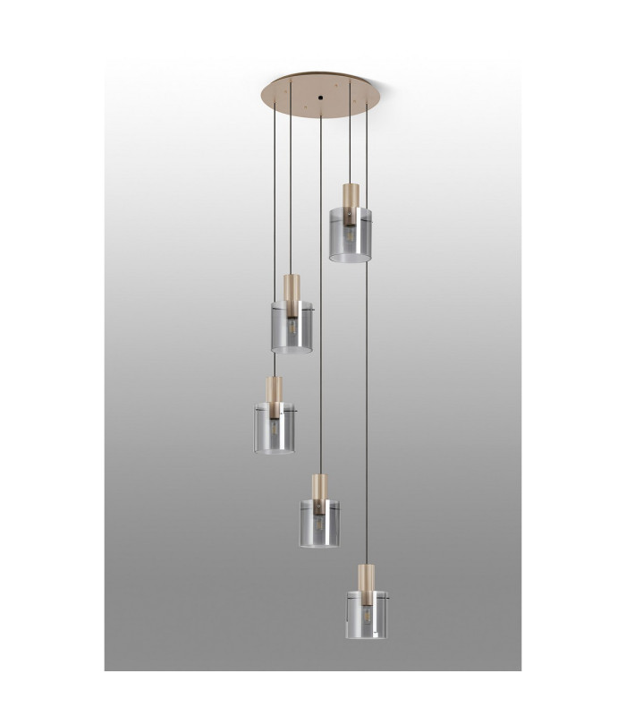 Hudson 66cm Round Pendant 5 Light Adjustable E27 Light Gold/Smoke Narrow Line Glass-8