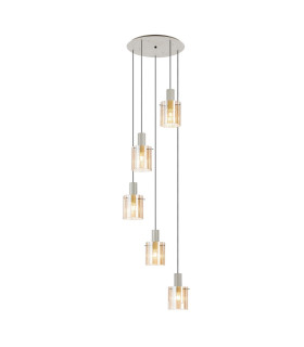 Hudson 66cm Round Pendant 5 Light Adjustable E27 Beige Stone/Amber Wide Line Glass-1
