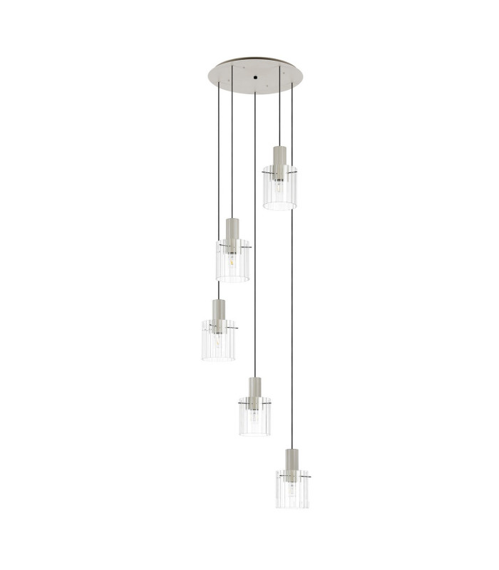 Hudson 66cm Round Pendant 5 Light Adjustable E27 Beige Stone/Clear Wide Line Glass-4